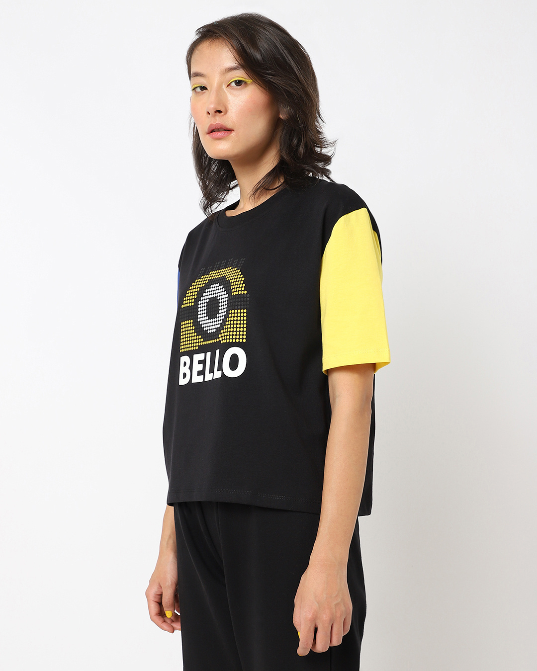 Shop Women's Black Pixelated Bello Minion Typography Relaxed Fit T-shirt-Back
