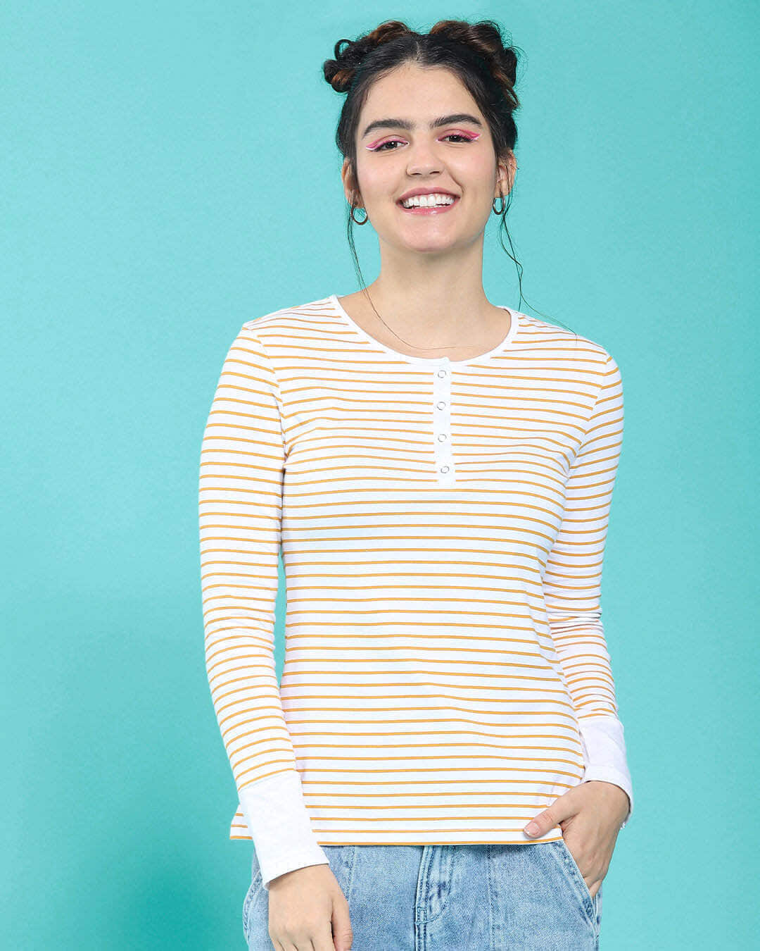 Shop Women's Popcorn Yellow Stripe Henley T-shirt-Back