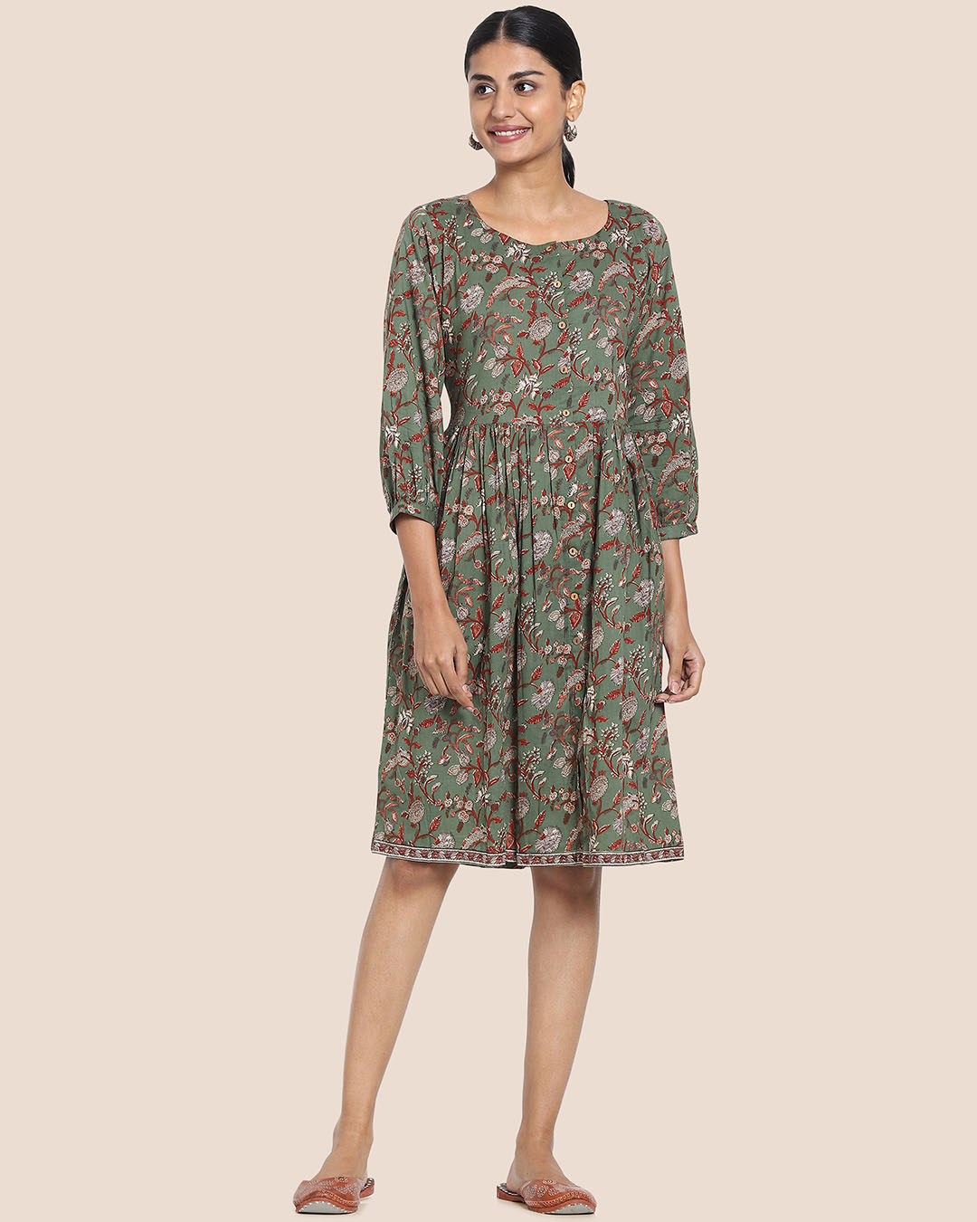 Shop Women's Green Printed Button Down Dress-Back