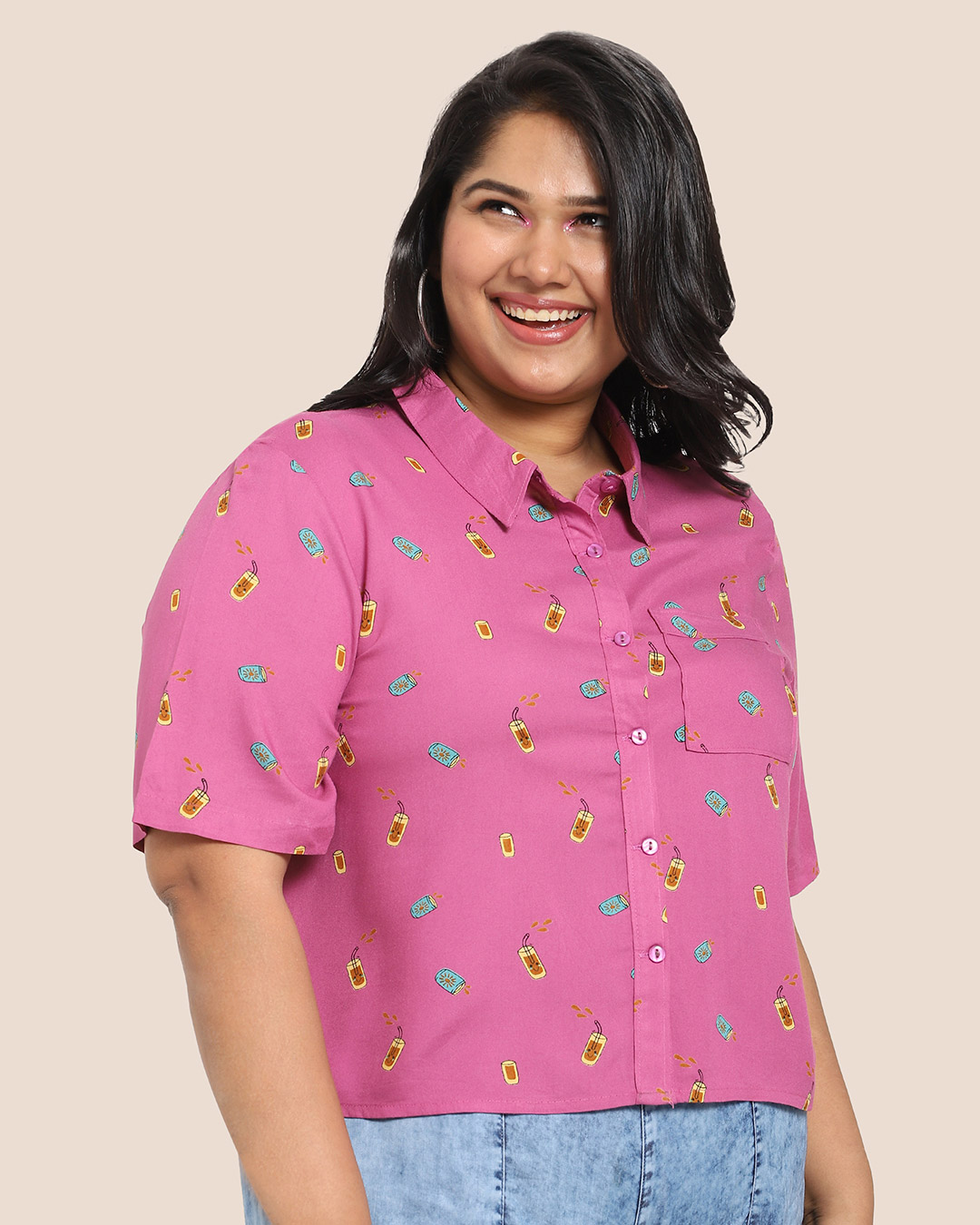 Buy Women's Printed Resort Collar Curvy Shirt for Women pink Online at