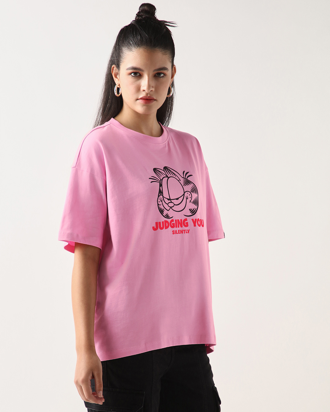 Shop Women's Prism Pink Judging You Graphic Printed Oversized T-shirt-Back