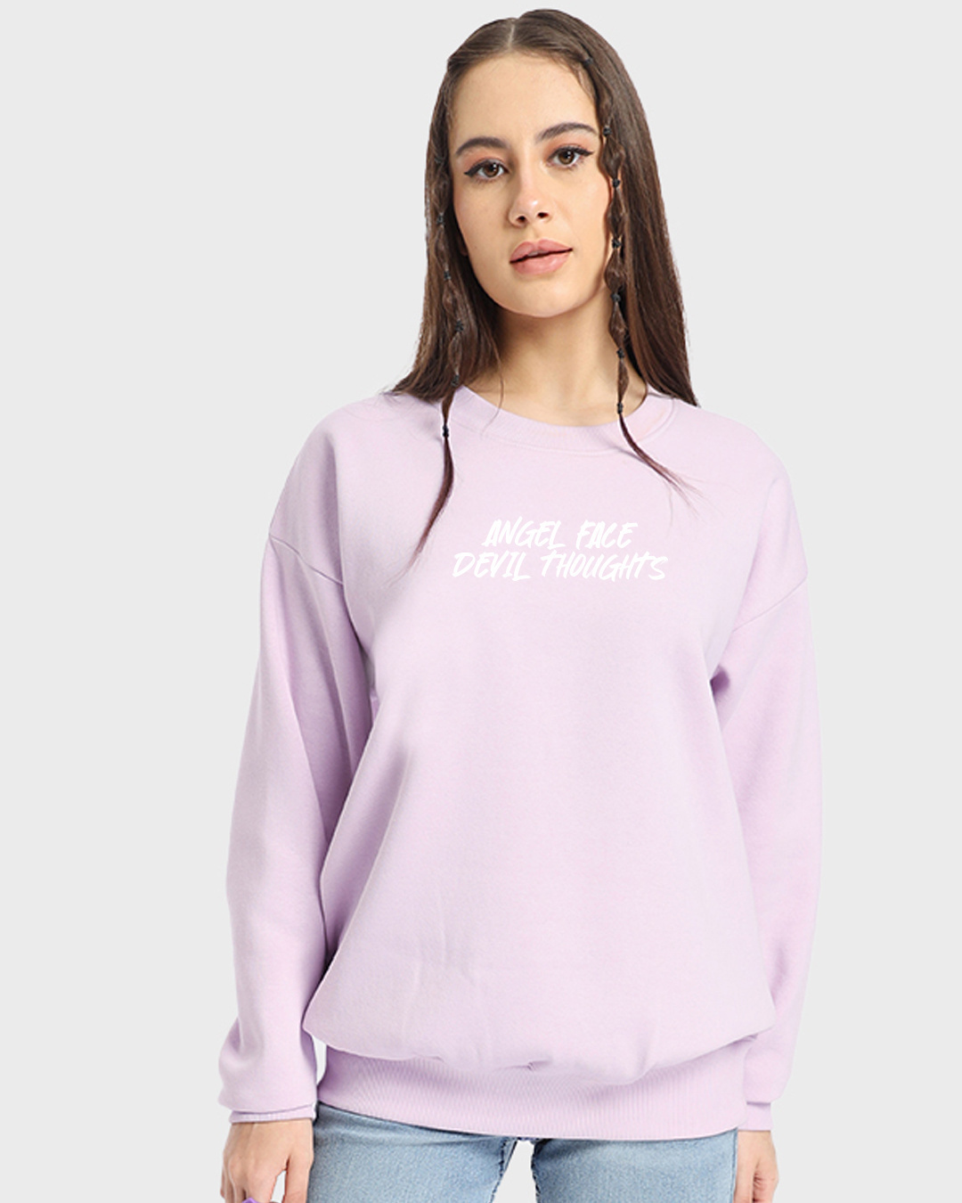 Shop Women's Purple Angel Face Devil Thoughts Graphic Printed Oversized Sweatshirt-Back