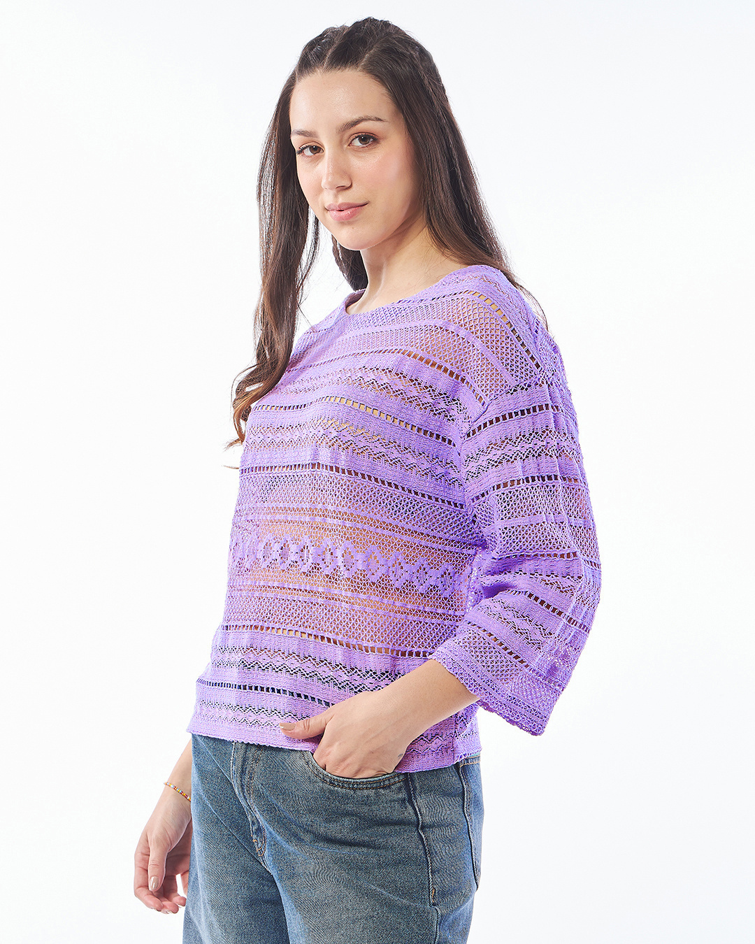 Shop Women's Purple Oversized Crochet Short Top-Back