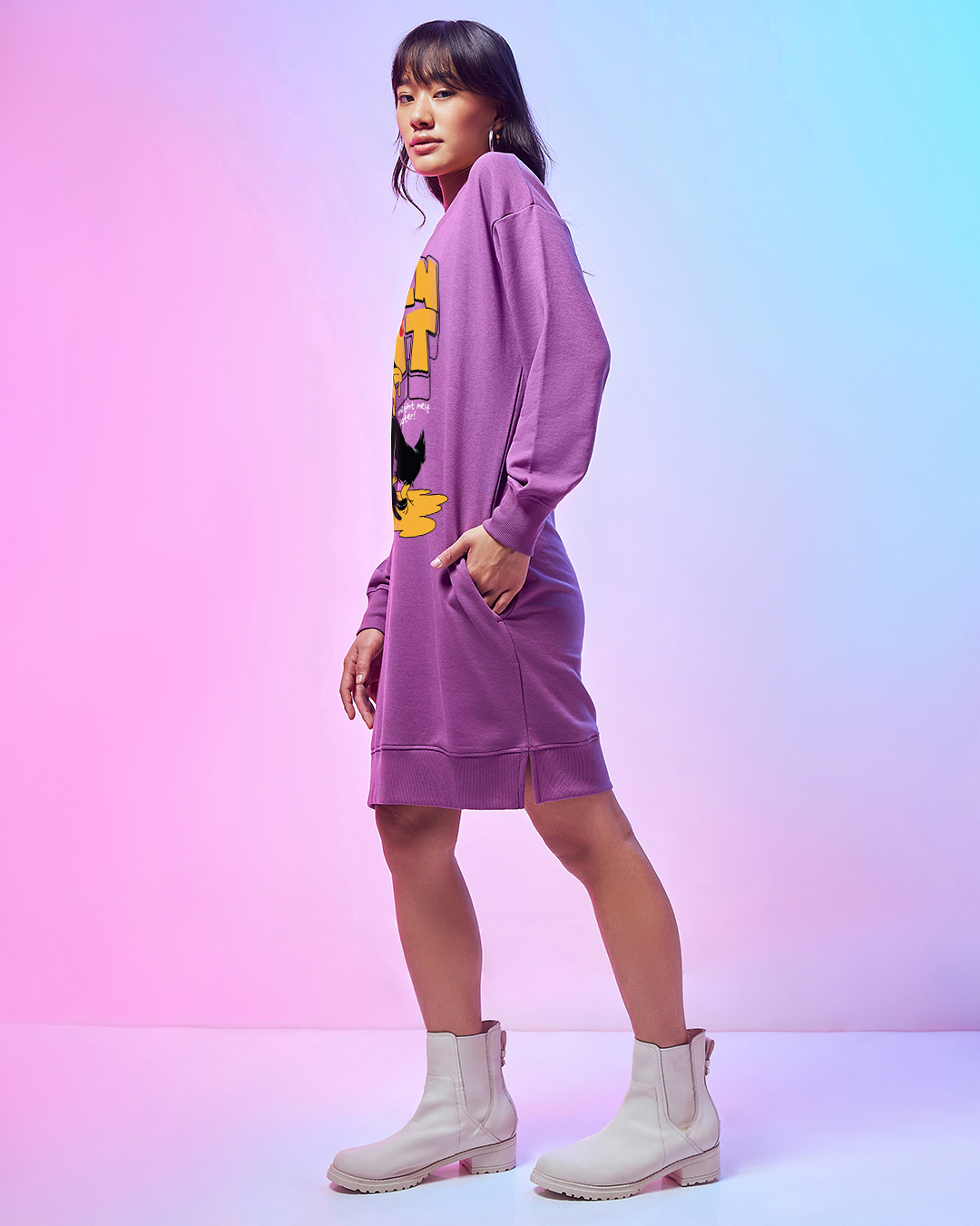 Shop Women's Purple Feeling Hot Graphic Printed Oversized Dress-Back