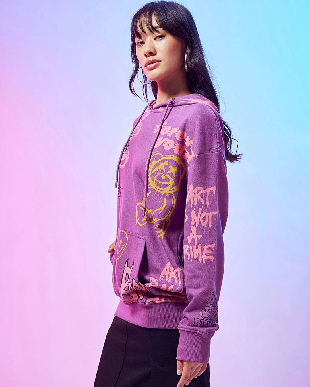 Shop Women's Purple Graphic Printed Oversized Hoodies-Back