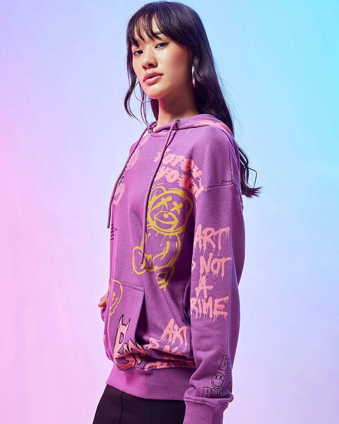 Shop Women's Purple Graphic Printed Oversized Hoodies-Back