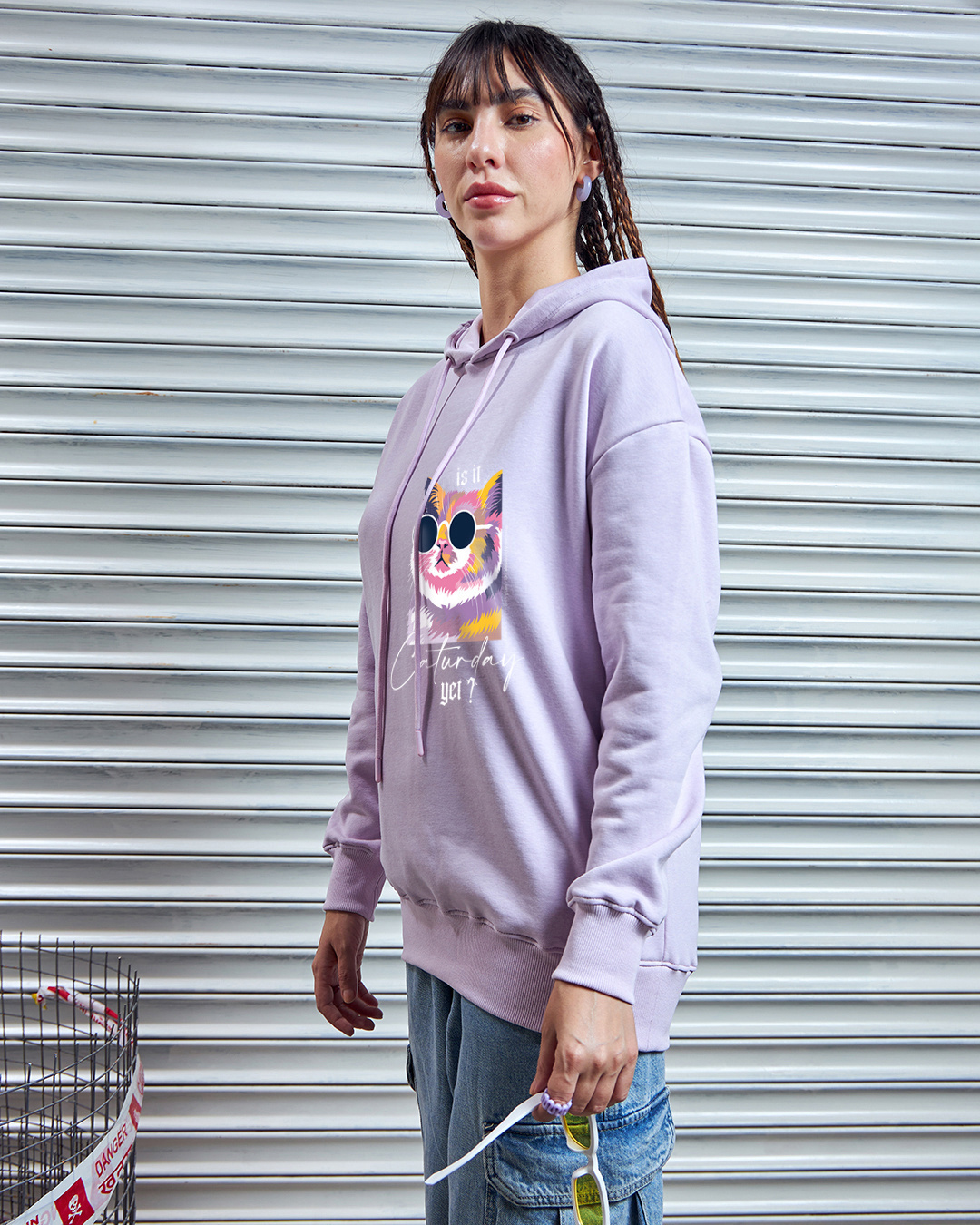 Shop Women's Purple Is It Caturday Graphic Printed Oversized Hoodies-Back