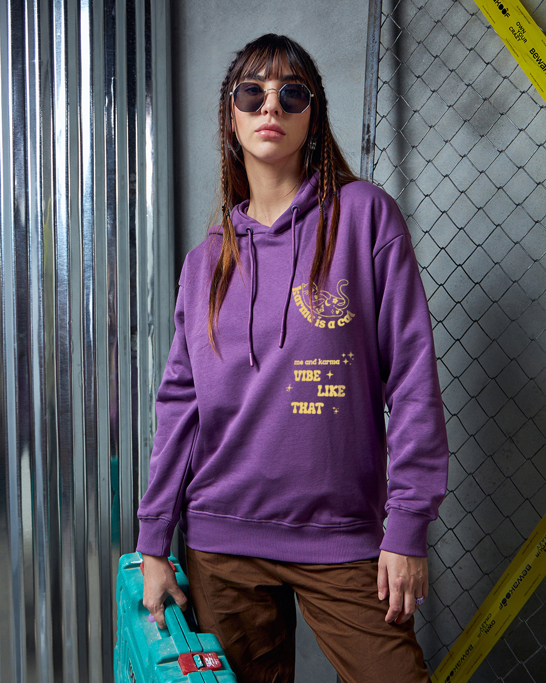 Shop Women's Purple Karma is a Cat Graphic Printed Oversized Hoodies-Back