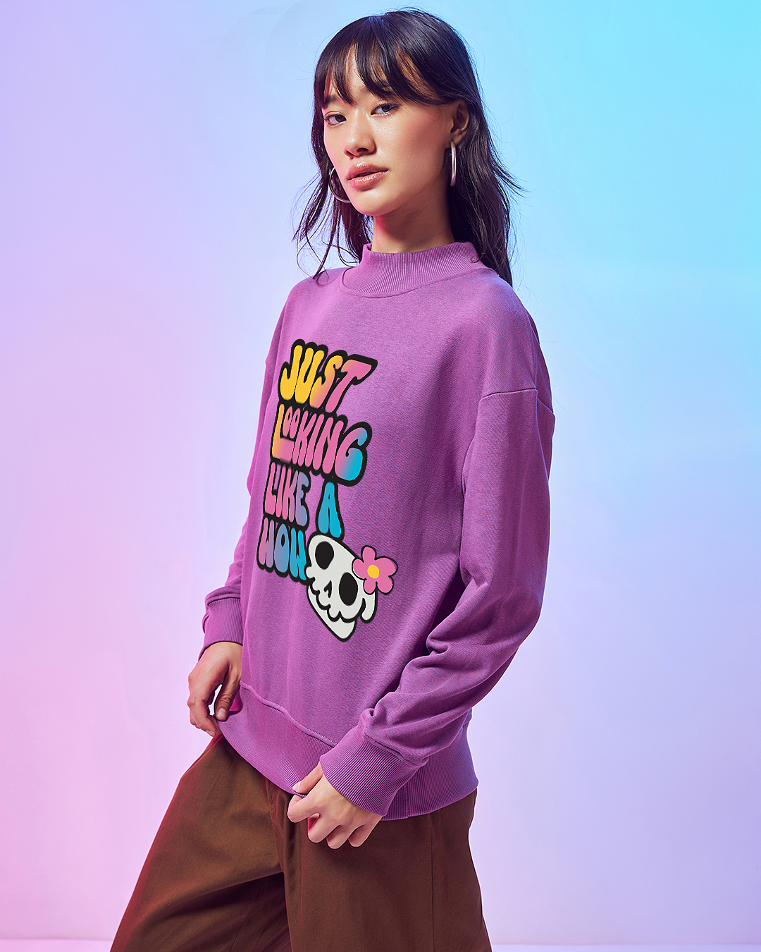Shop Women's Purple Looking Like a Wow Graphic Printed Oversized Sweatshirt-Back