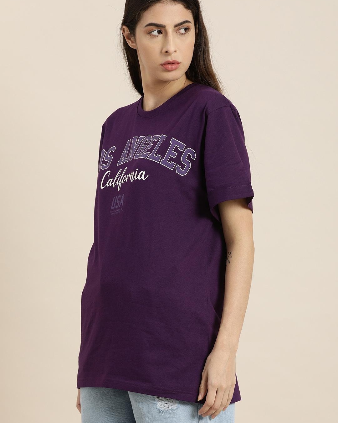 Shop Women's Purple Los Angeles Typography Oversized T-shirt-Back