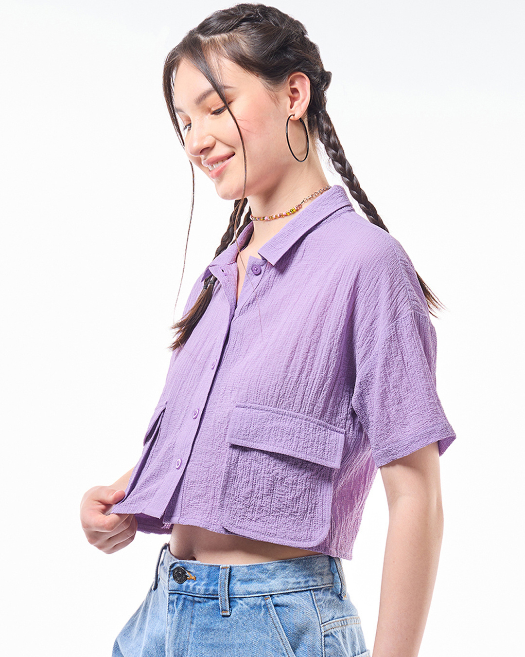 Shop Women's Purple Oversized Cargo Crop Shirt-Back