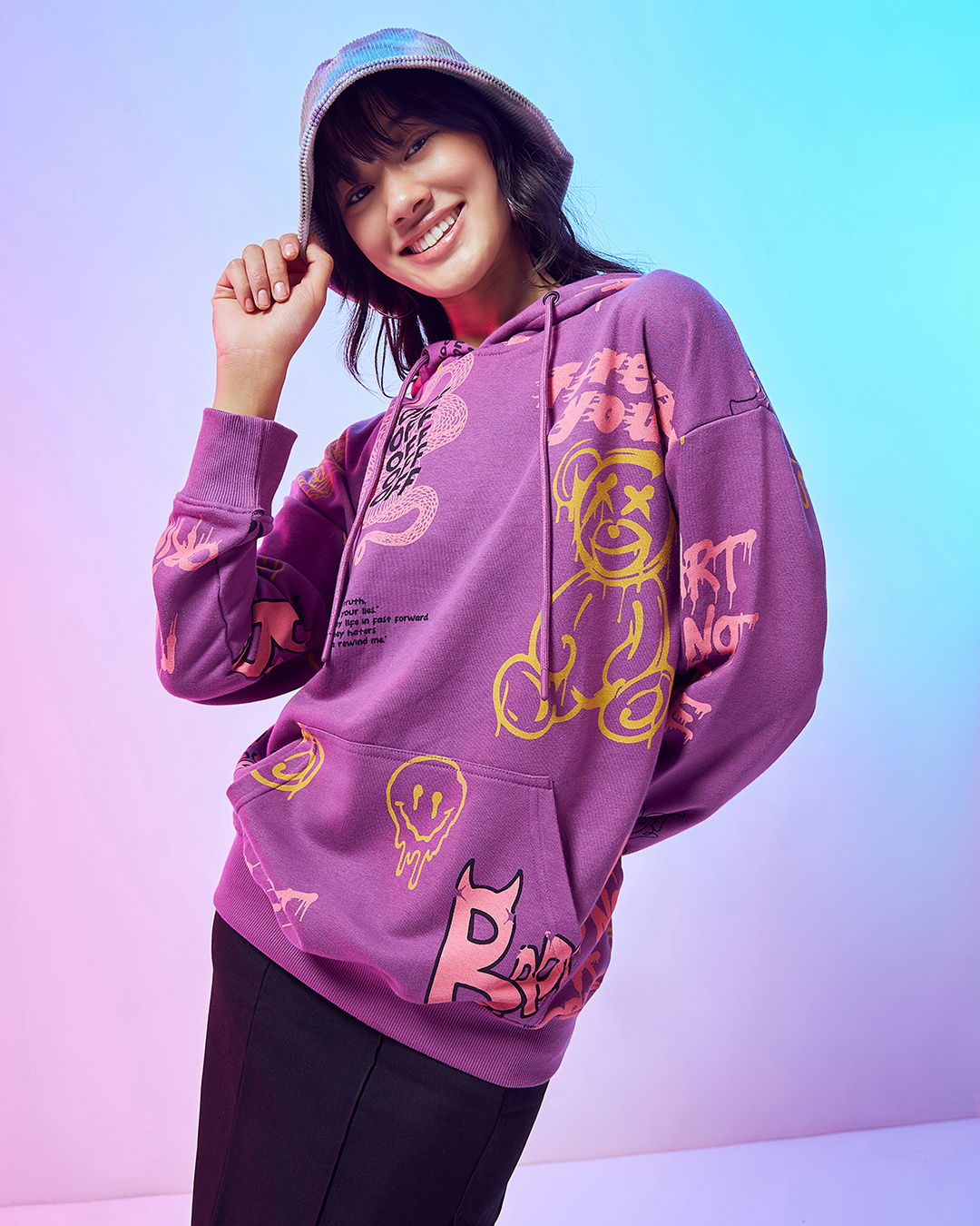 Buy Women's Purple Graphic Printed Oversized Hoodies Online at Bewakoof