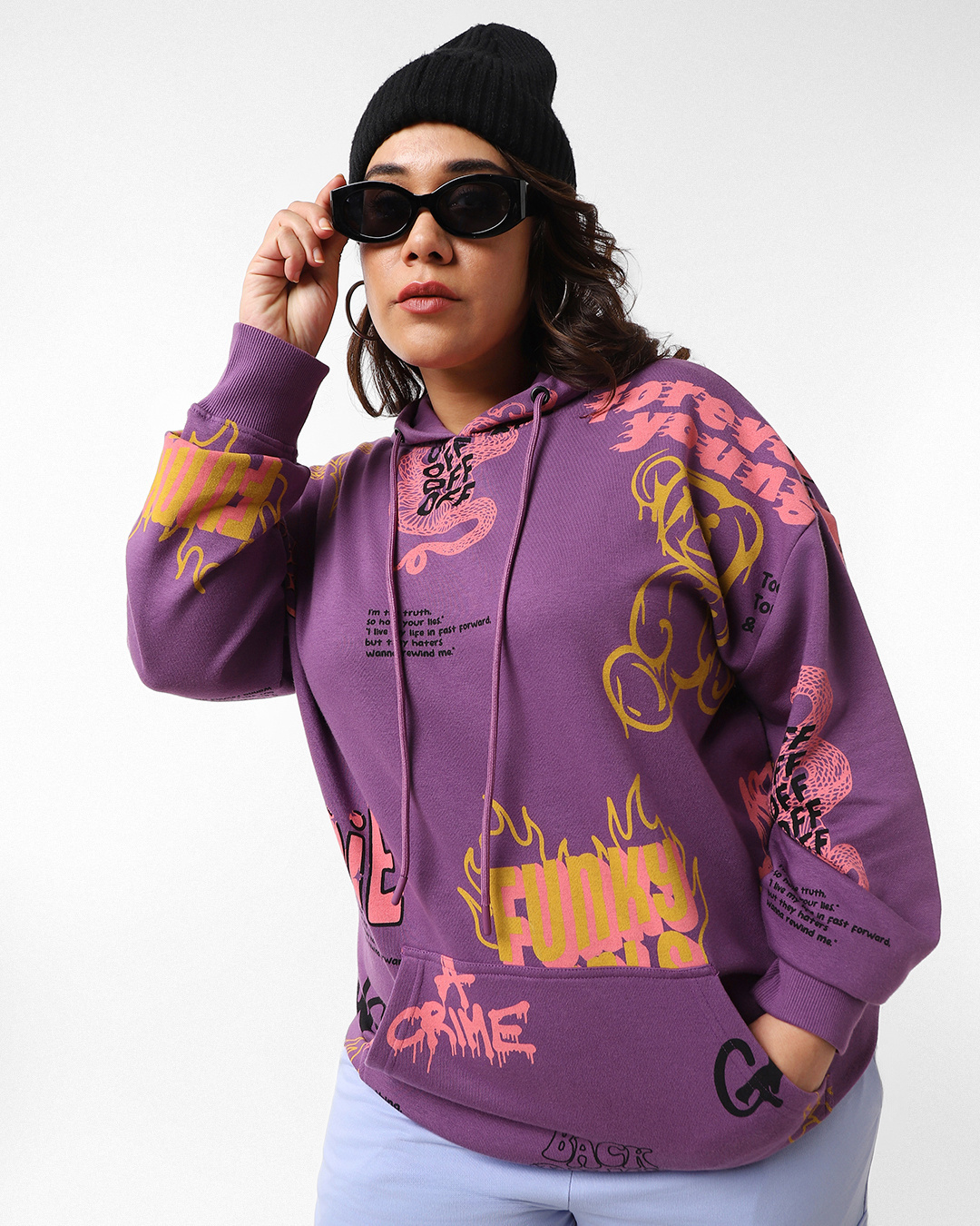 Buy Women's Purple Forever Young All Over Printed Oversized Plus Size  Hoodies Online at Bewakoof