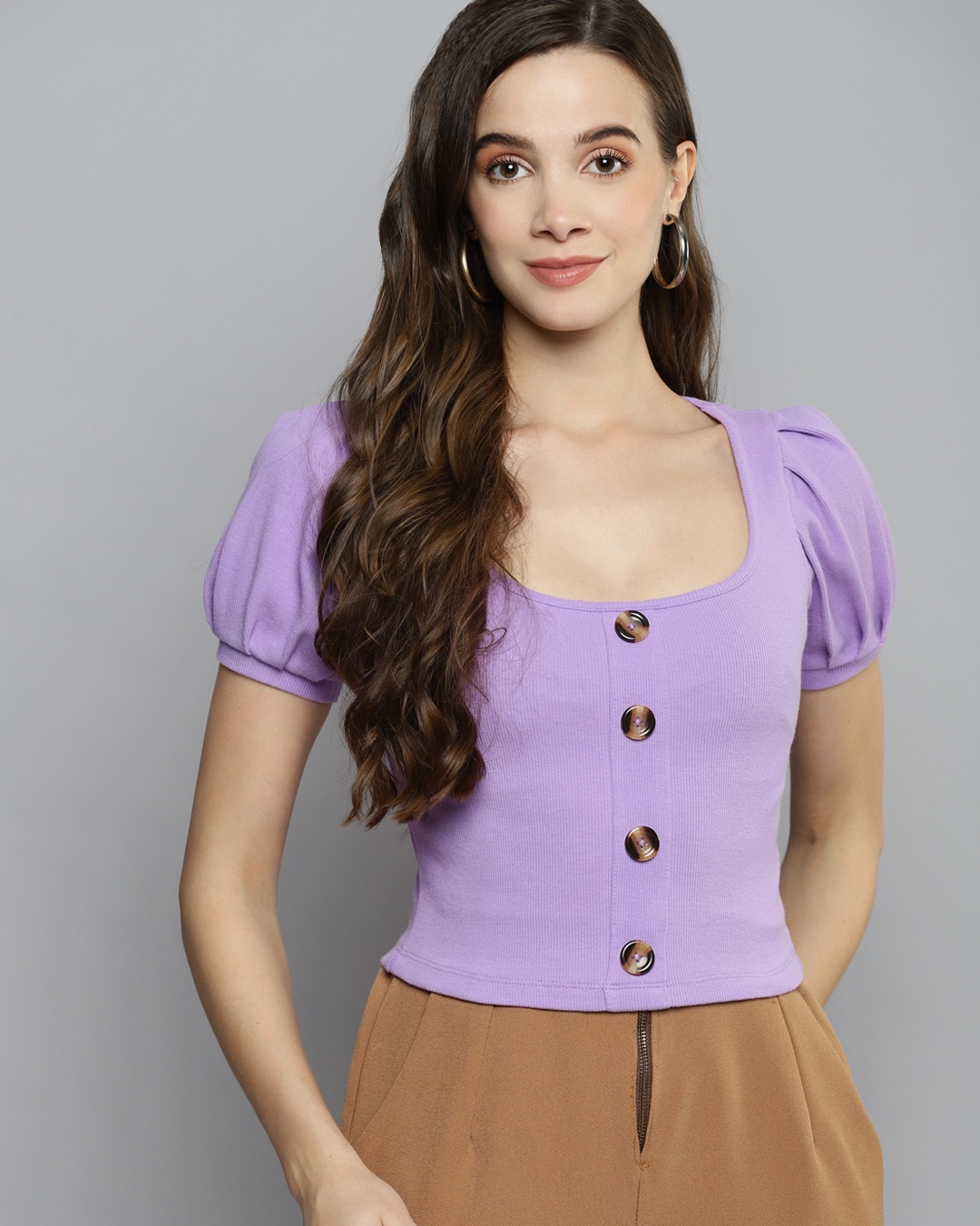 Shop Women's Purple Puff Sleeve Crop Top-Back