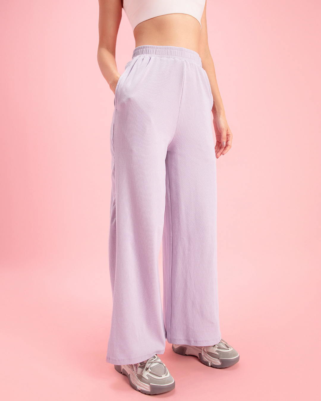 Buy Women's Purple Ribbed Wide Leg Pants Online at Bewakoof