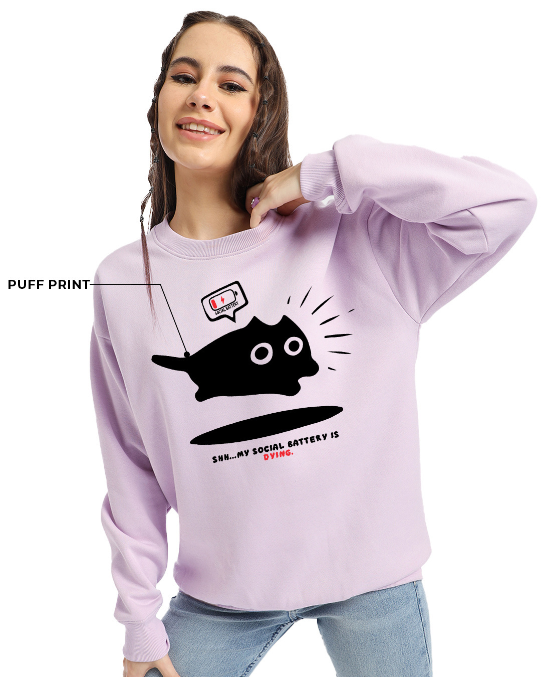 Shop Women's Purple Social Battery Graphic Printed Oversized Sweatshirt-Back