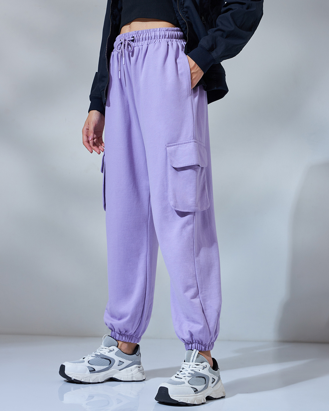 Shop Women's Purple Super Loose Fit Cargo Joggers-Back