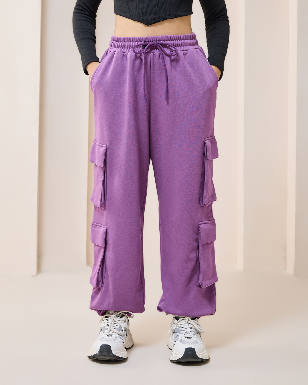 Shop Women's Purple Super Loose Fit Cargo Joggers-Back
