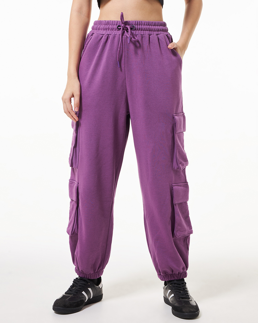 Shop Women's Purple Super Loose Fit Cargo Joggers-Back