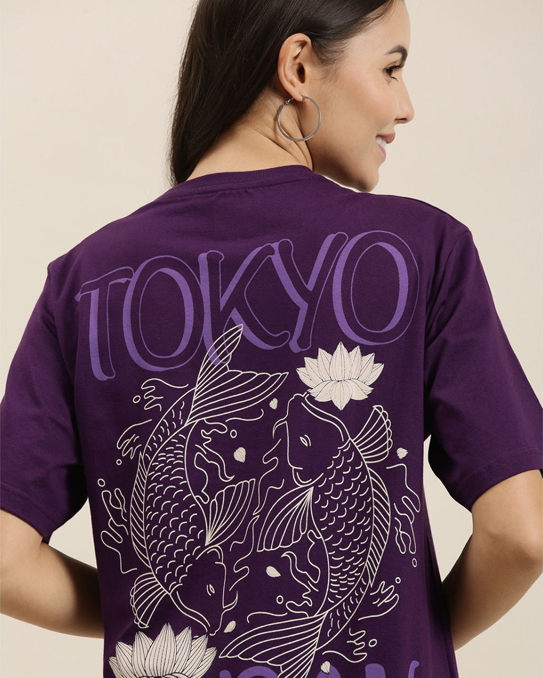 Shop Women's Purple Tokyo Graphic Printed Oversized T-shirt-Back