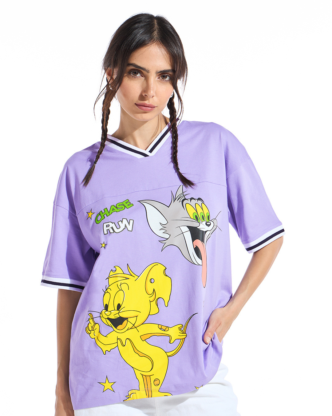 Shop Women's Purple Tom N Jerry Graphic Printed Oversized T-shirt-Back