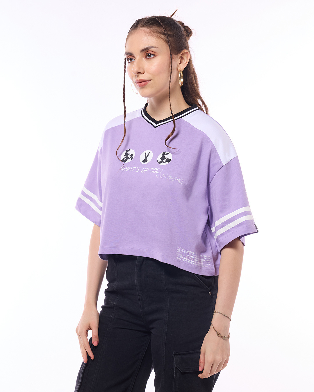 Shop Women's Purple Whats Doc Graphic Printed Oversized Crop T-shirt-Back