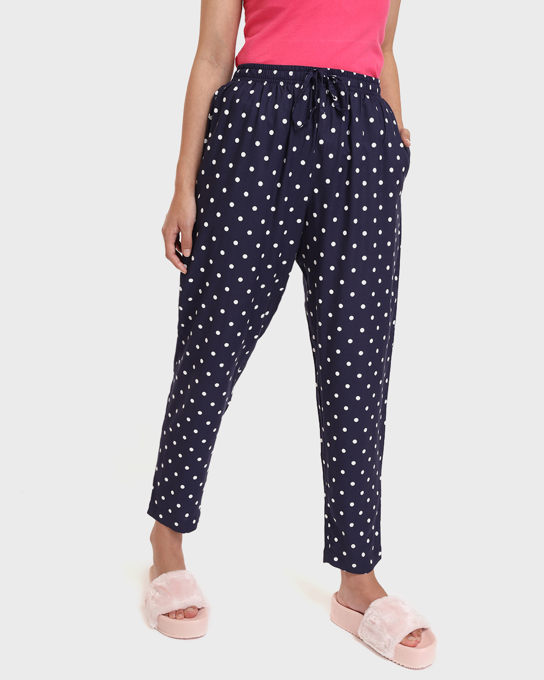 Buy Women's Blue Polka Printed Carrot Fit Rayon Pyjamas Online in India