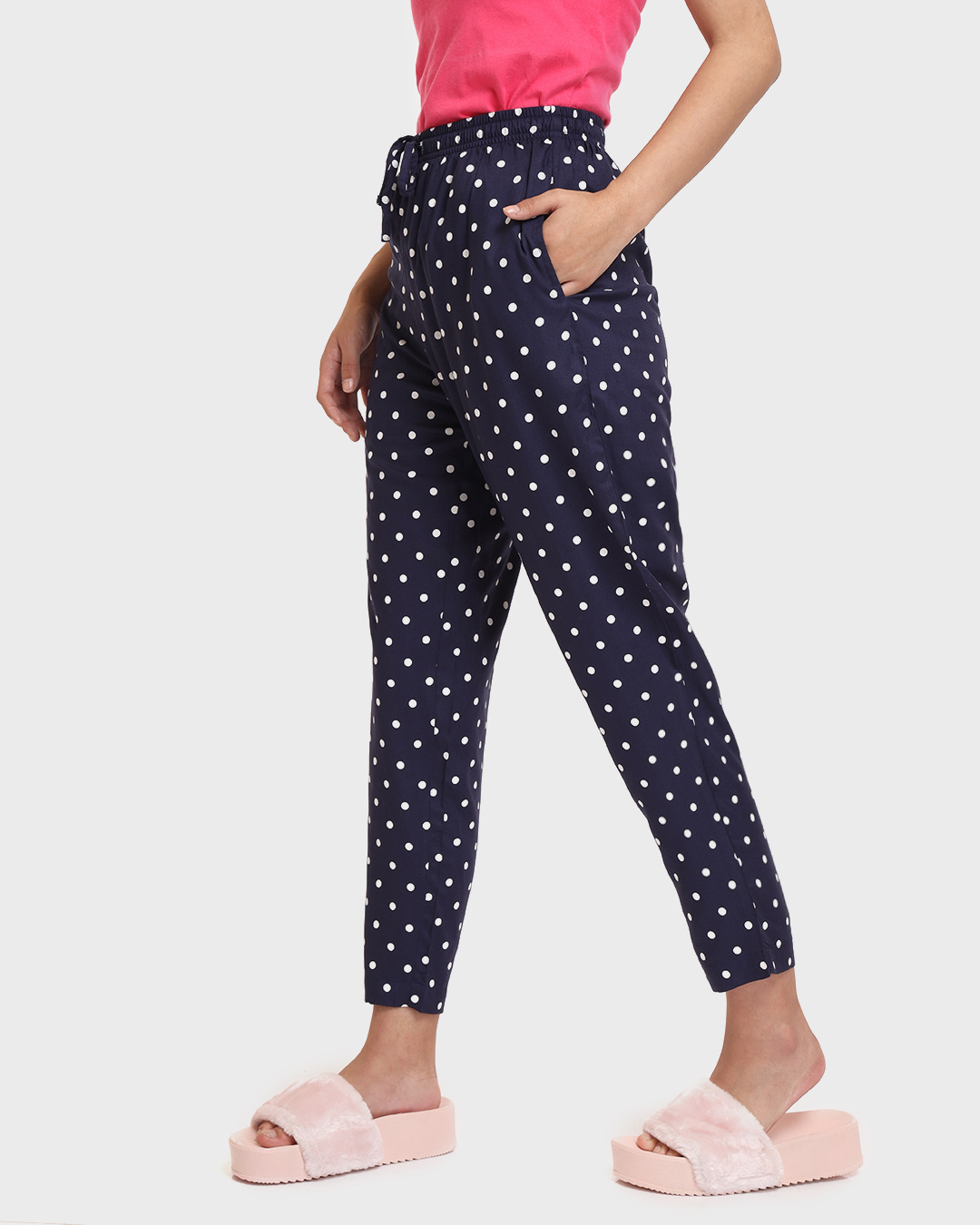 Shop Women's Blue Polka Printed Carrot Fit Rayon Pyjamas-Back