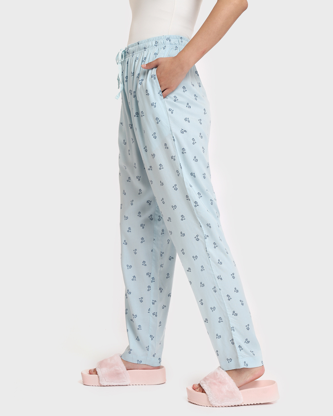Shop Women's Blue All Over Floral Printed Straight Fit Rayon Pyjamas-Back