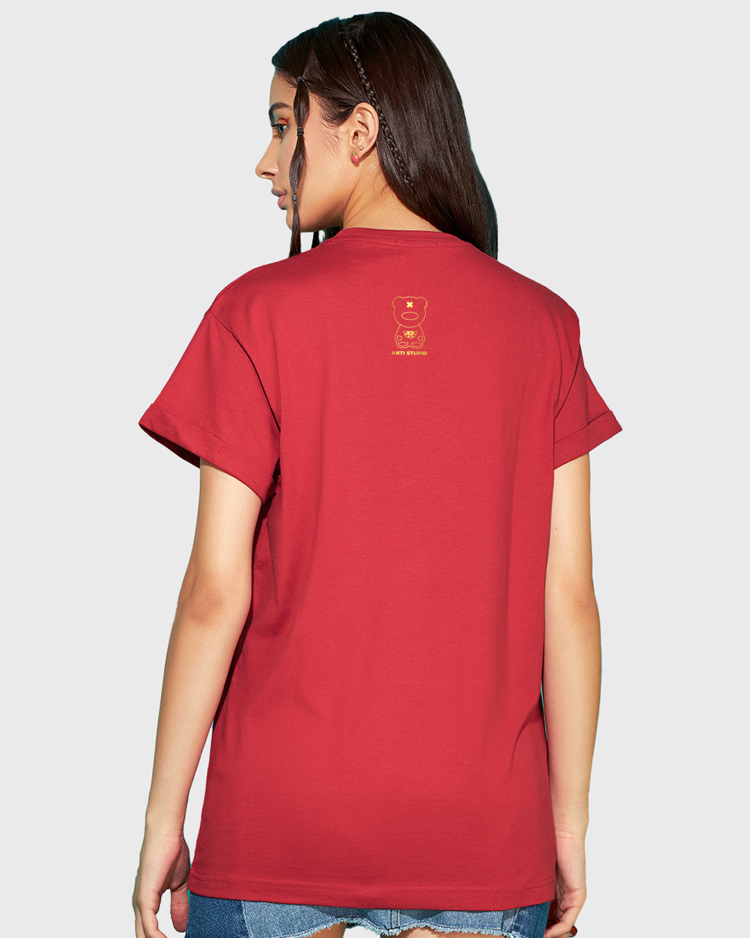 Shop Women's Red Anti Stupid Graphic Printed Boyfriend T-shirt-Back