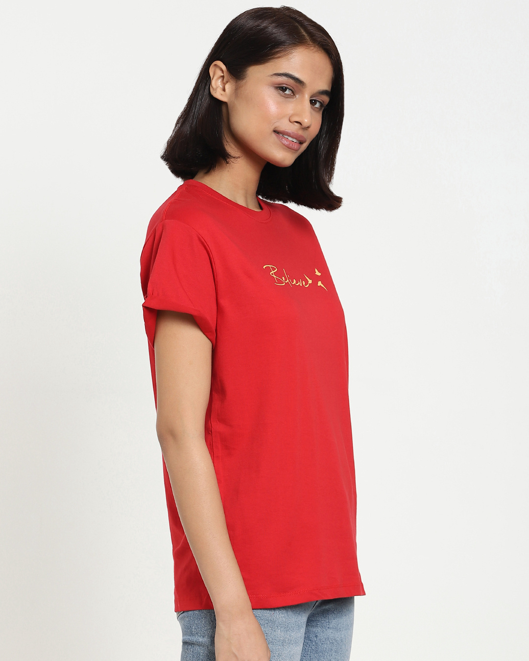 Shop Women's Red Believe Typography Boyfriend T-shirt-Back