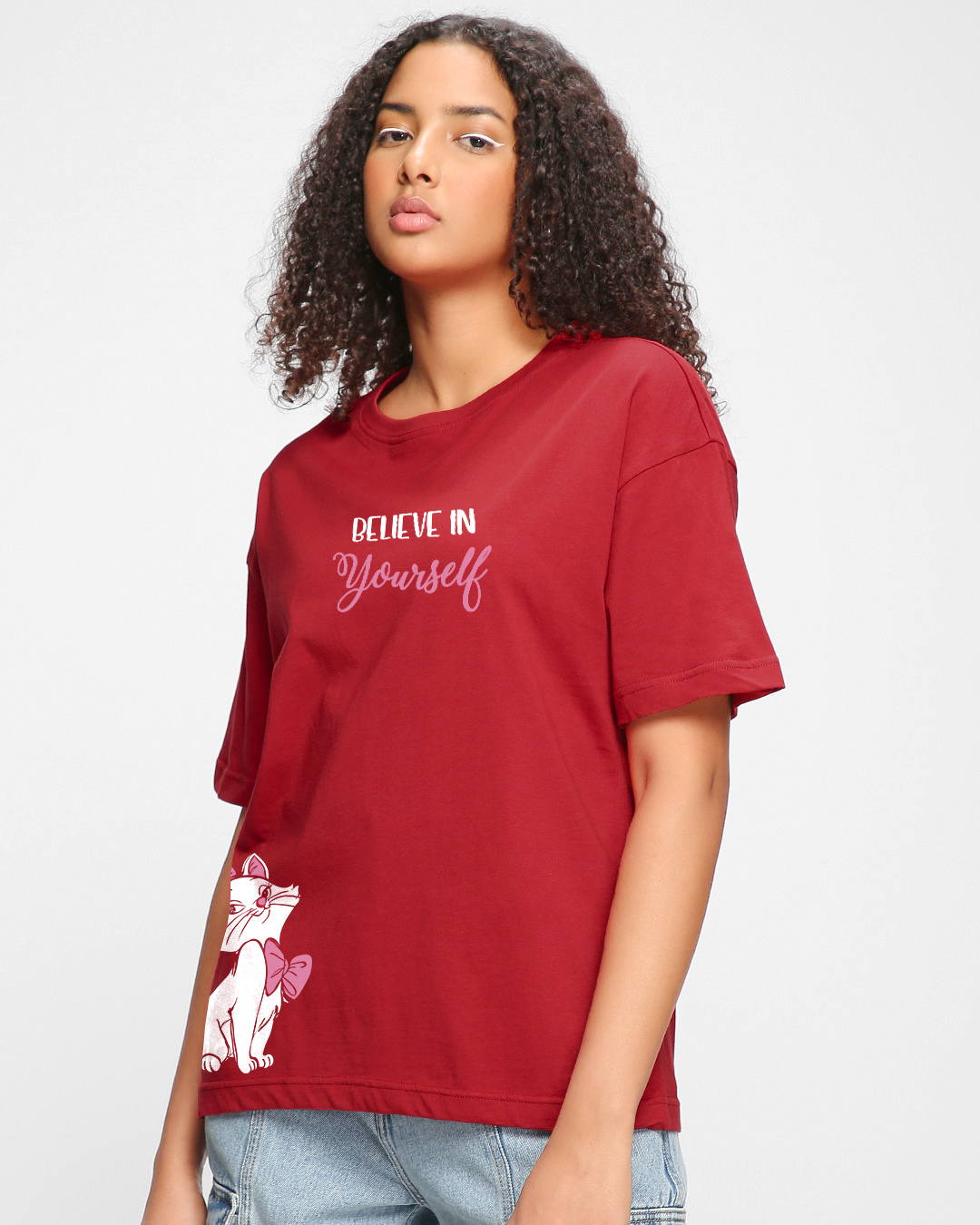 Shop Women's Red Believe Cat Graphic Printed Oversized T-shirt-Back