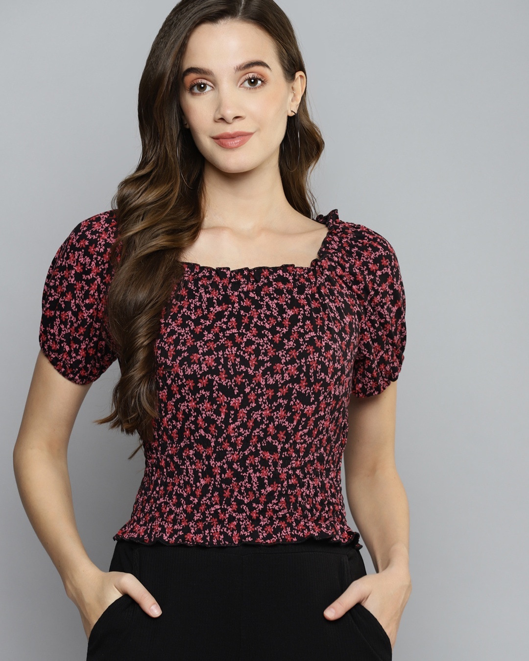 Shop Women's Red & Black All Over Floral Printed Crop Top-Back