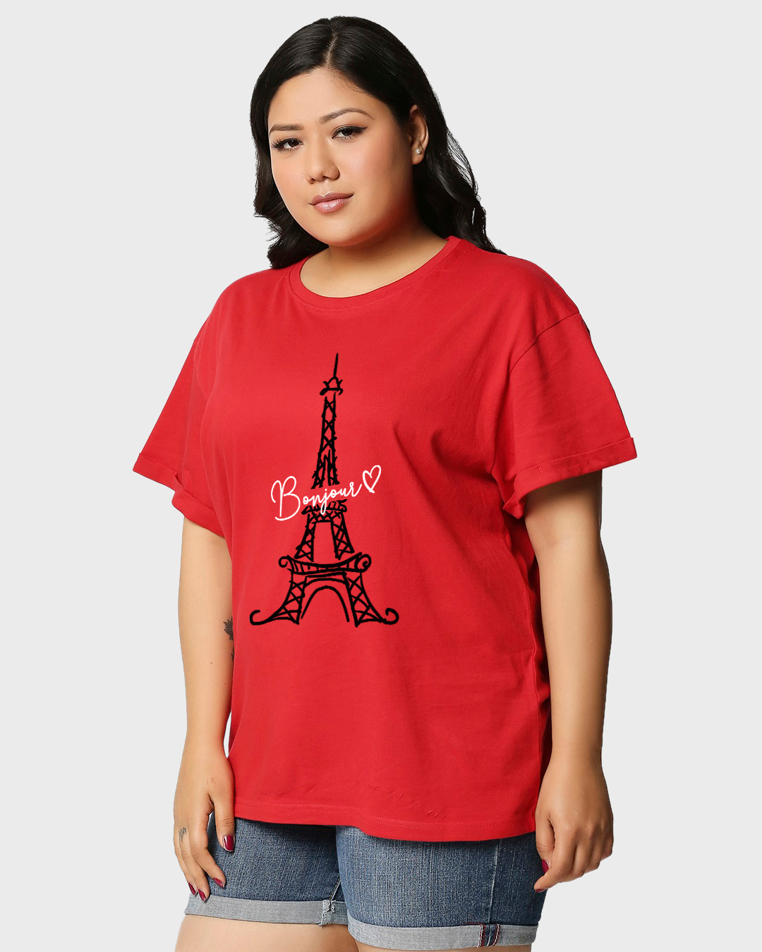Shop Women's Red Bonjour Paris Graphic Printed Plus Size Boyfriend T-shirt-Back