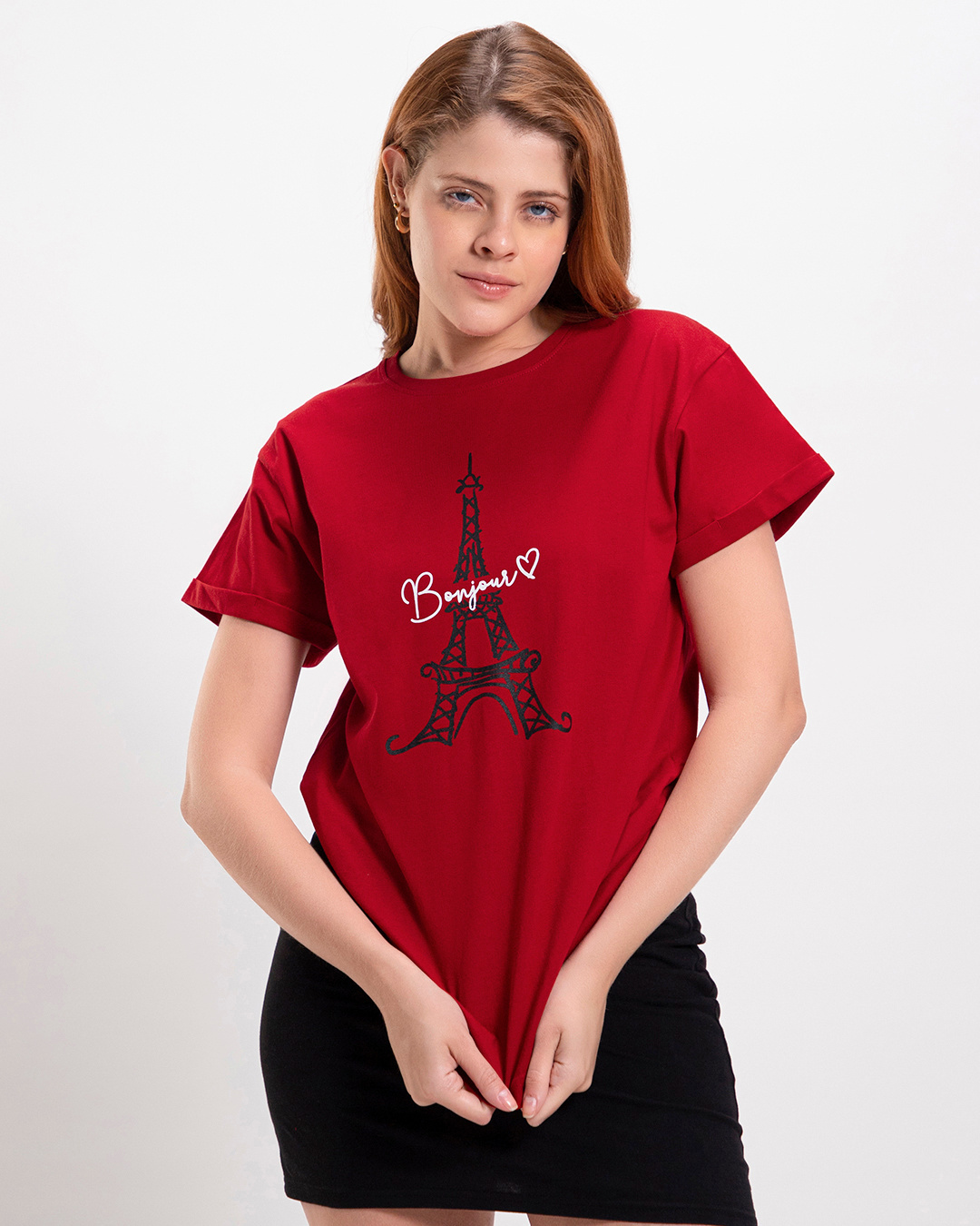 Shop Women's Red Bonjour Paris Graphic Printed Boyfriend T-shirt-Back