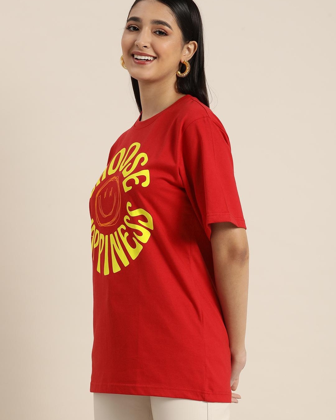 Shop Women's Red Choose Happiness Typography Oversized T-shirt-Back