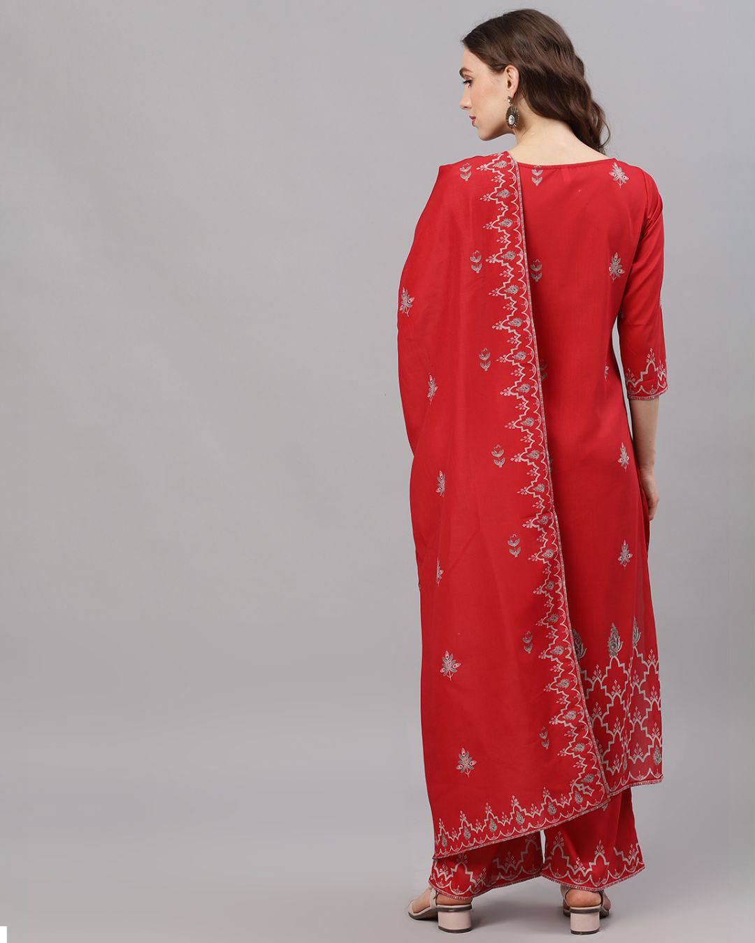 Shop Women's Red Digital Printed Straight Kurta With Palazzo & Dupatta Set-Back