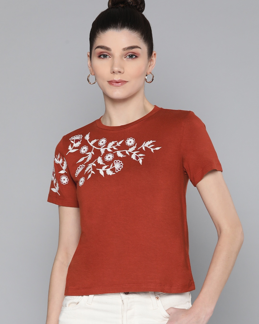 Shop Women's Red Floral Embroidered Top-Back