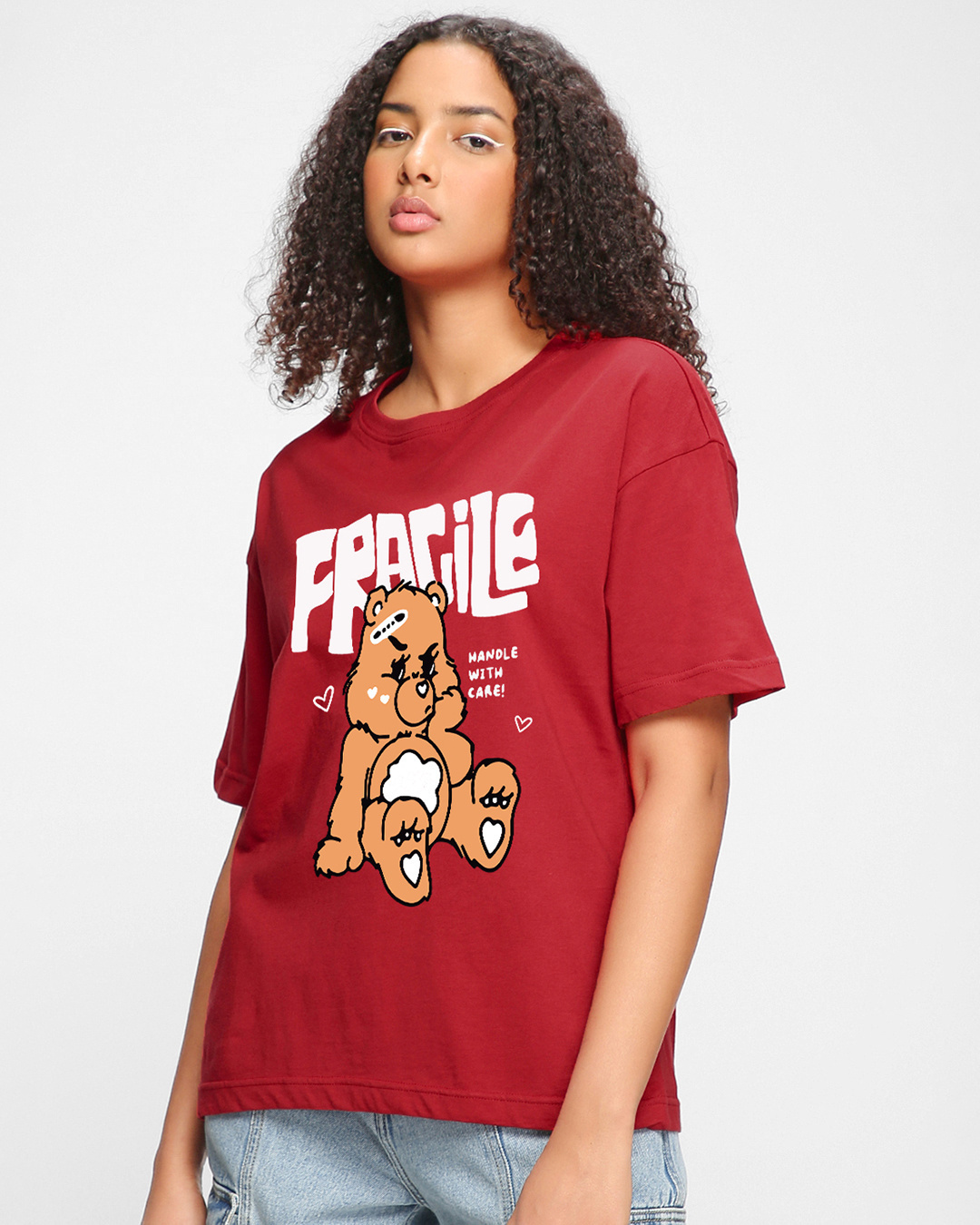 Shop Women's Red Fragile Graphic Printed Oversized T-shirt-Back