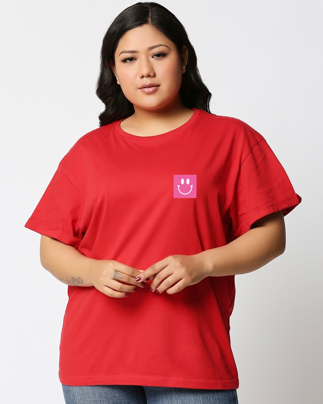 Shop Women's Red Happiness Typography Plus Size Boyfriend T-shirt-Back