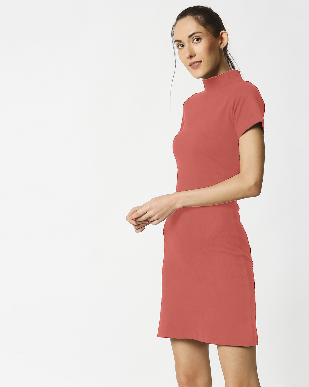 Shop Women's Red High Neck Slim Fit Ribbed Dress-Back
