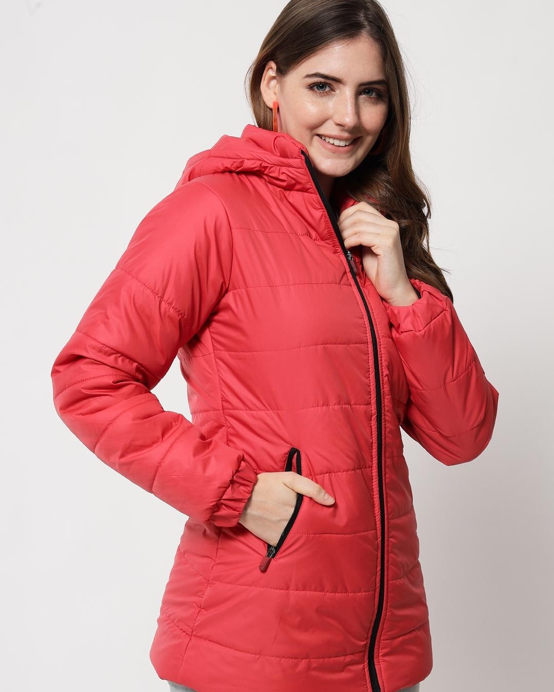 Shop Women's Red Hooded Puffer Jacket-Back