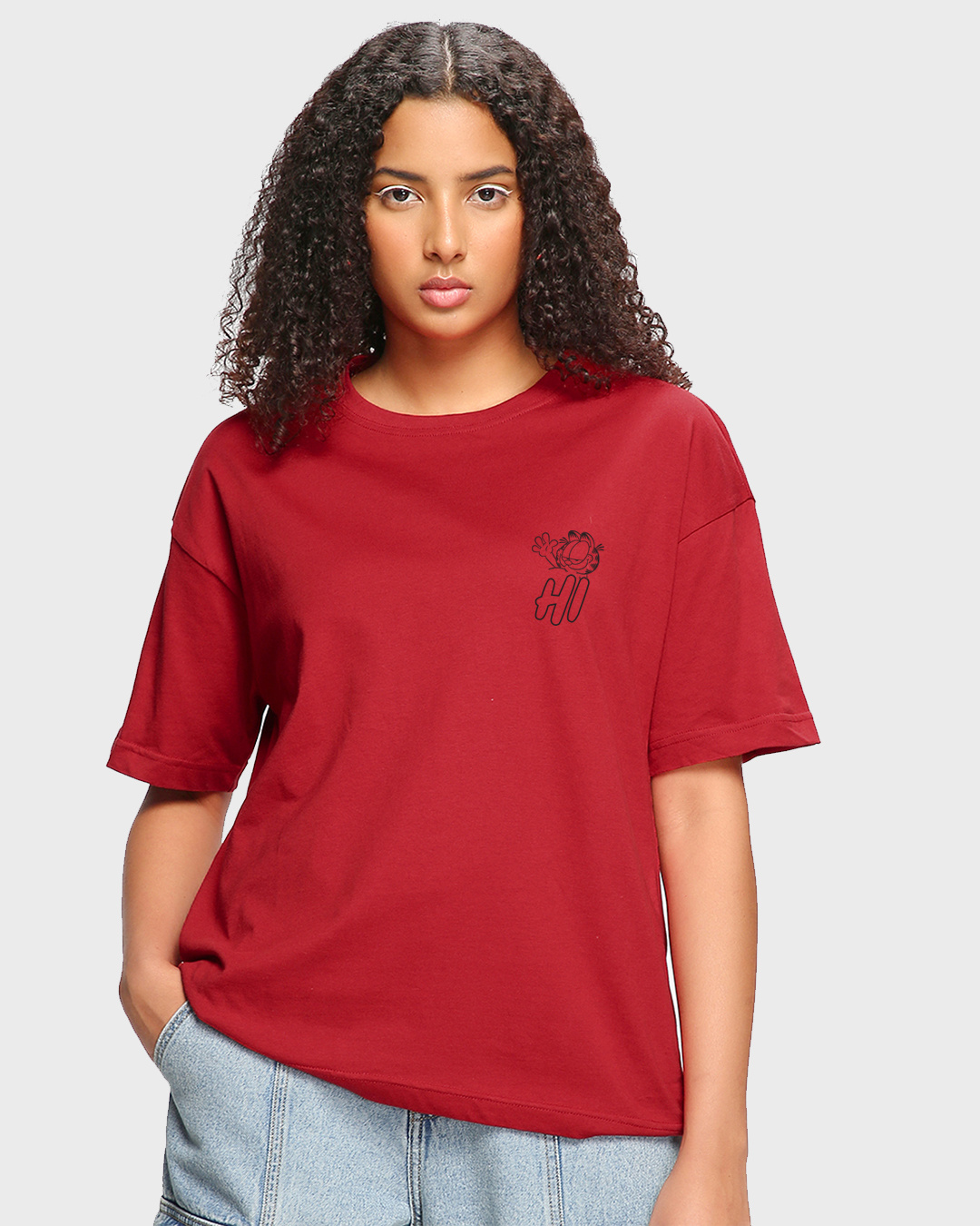 Shop Women's Red Lazy Garfield Graphic Printed Oversized T-shirt-Back