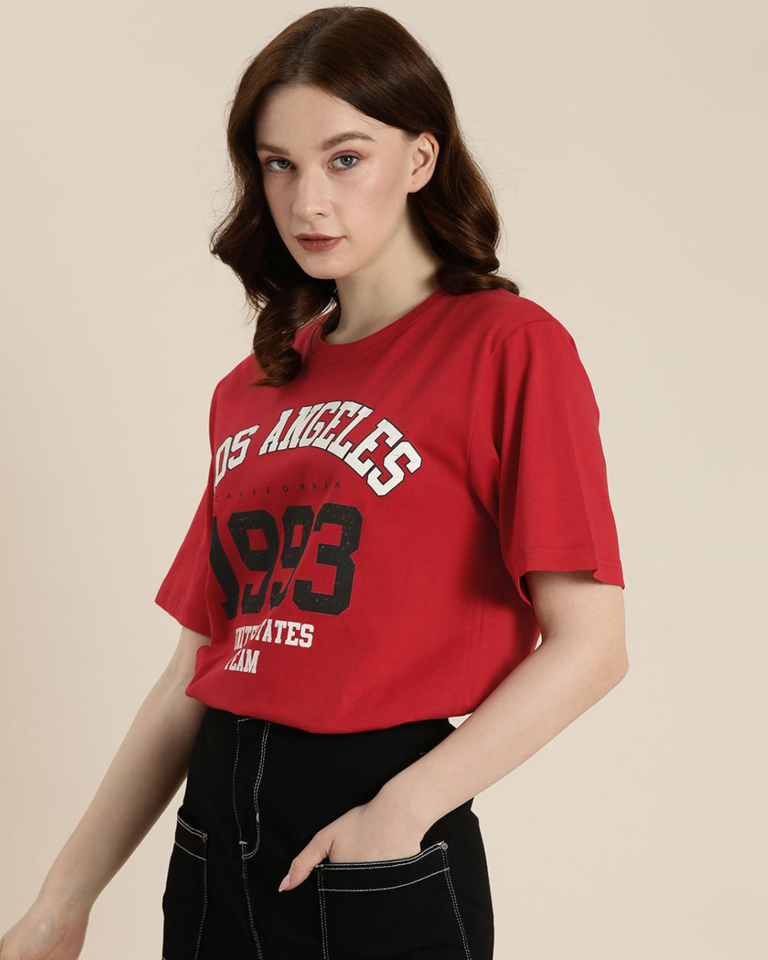 Shop Women's Red Los Angeles Typography Oversized T-shirt-Back