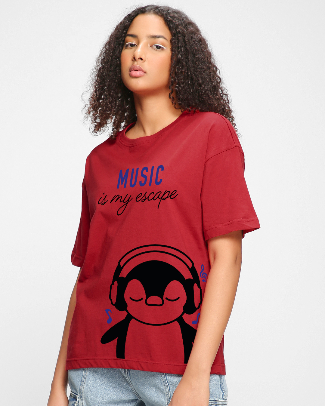 Shop Women's Red Music escape Graphic Printed Oversized T-shirt-Back