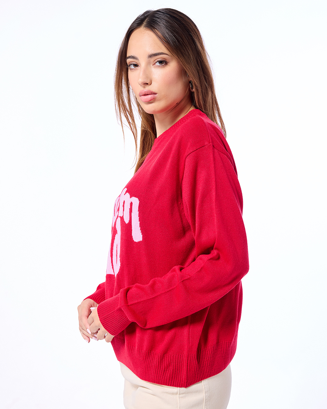 Shop Women's Red & Pink Problem Child Typography Super Loose Fit Sweater-Back