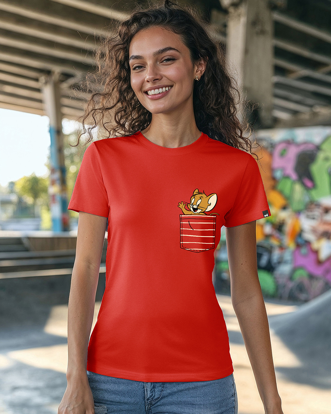 Buy Women's Red Pocket Jerry Graphic Printed Slim Fit T-shirt Online at ...