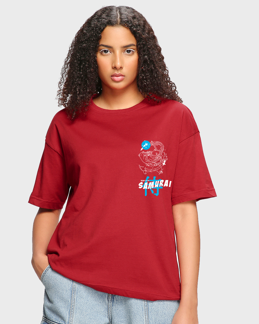 Shop Women's Red Samurai Cat Graphic Printed Oversized T-shirt-Back