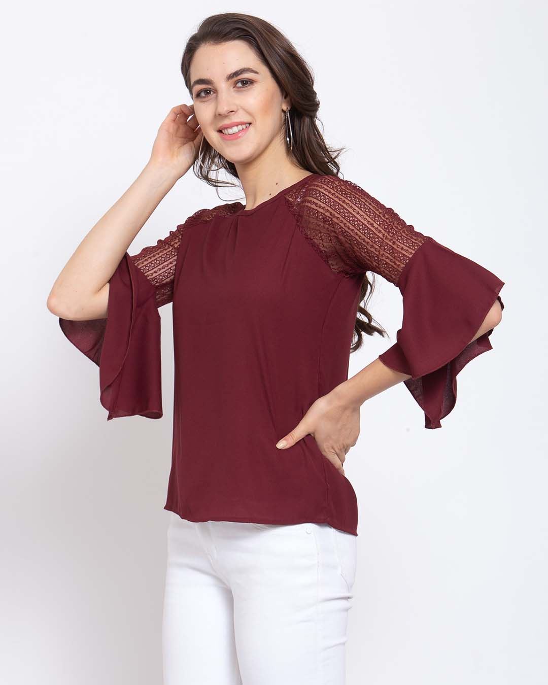 Shop Women's Red Solid Three Quarter Sleeves Regular Top-Back