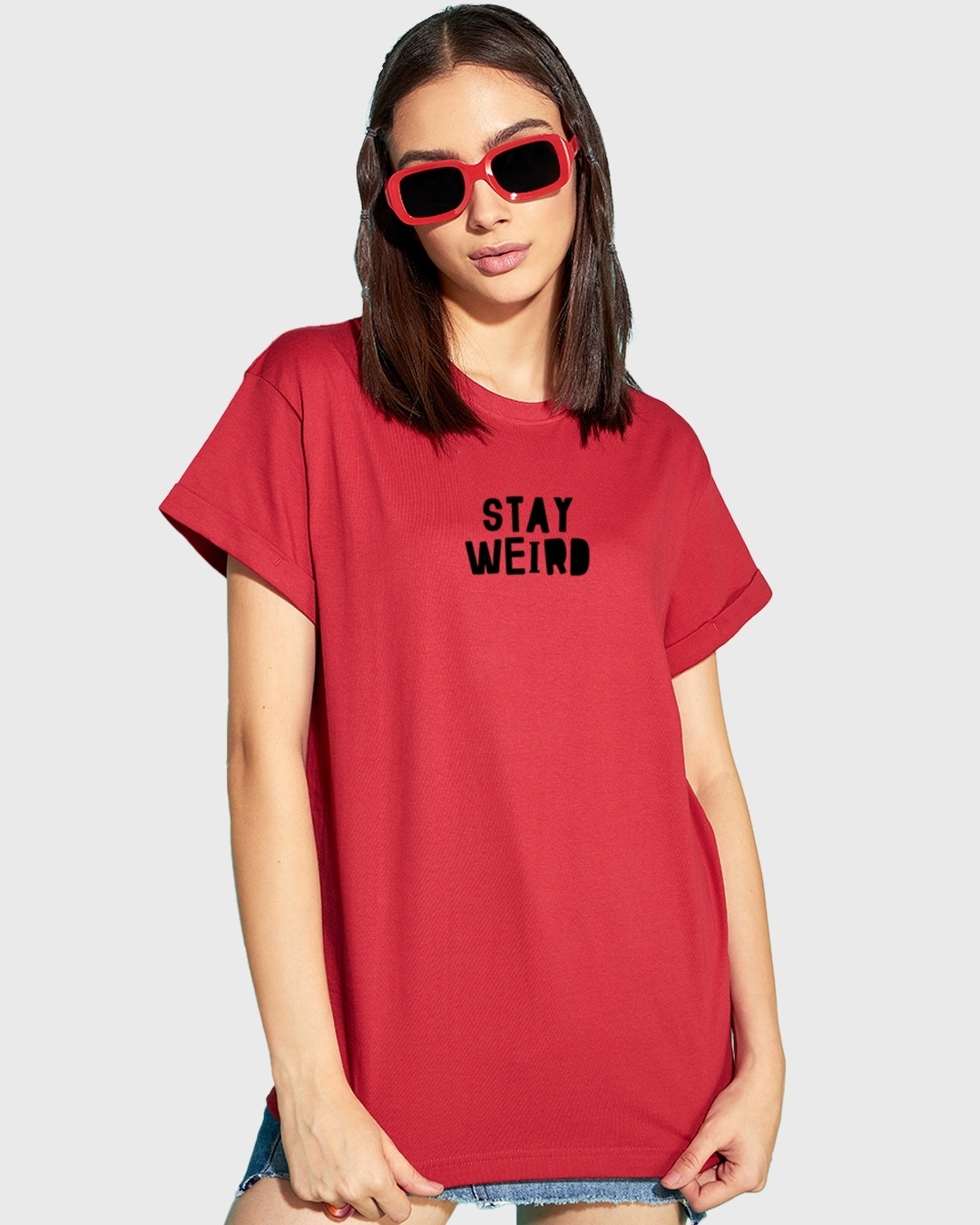 Shop Women's Red Stay Weird Typography Boyfriend T-shirt-Back